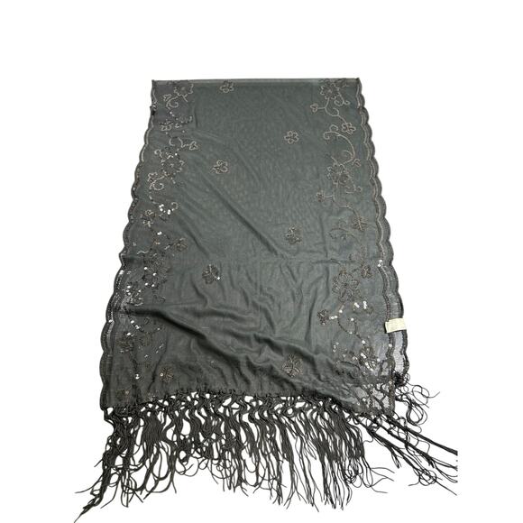 Whimsygoth- Black Semi Sheer Shawl- Tassel- sequin floral design- preowned - Picture 6 of 8